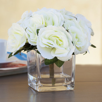 Cream Velvet Rose Flower Arrangement  in Cube Glass Vase With Faux Water