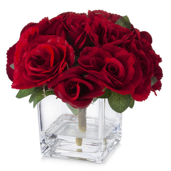 Red Velvet Rose Flower Arrangement  in Cube Glass Vase With Faux Water