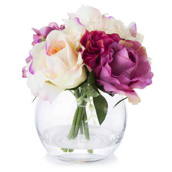 Purple Cream Silk Rose and Hydrangea Mixed Flower Arrangement in Glass Vase With Faux Water