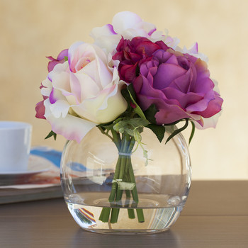 Purple Cream Silk Rose and Hydrangea Mixed Flower Arrangement in Glass Vase With Faux Water