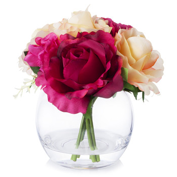 Red Beige Silk Rose and Hydrangea Mixed Flower Arrangement in Glass Vase With Faux Water