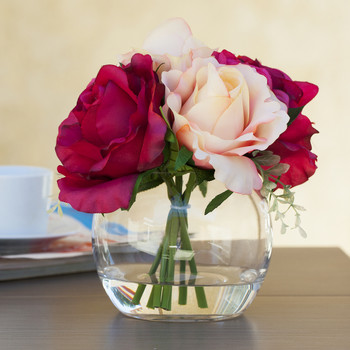 Red Beige Silk Rose and Hydrangea Mixed Flower Arrangement in Glass Vase With Faux Water