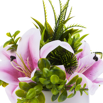 Pink Real Touch Tiger Lily with Mixed Greenery in White Ceramic Vase