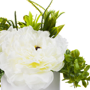 3 Large Cream Silk Peony Flower with Mixed Greenery in White Ceramic Vase