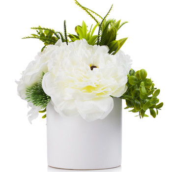 3 Large Cream Silk Peony Flower with Mixed Greenery in White Ceramic Vase