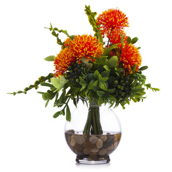 Artificial Greenery Grass Arrangement  in Glass Vase With Faux Water and River Rock(Orange  Green)