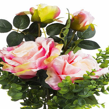2 Large Pink Silk Rose Flower and Mixed Greenery in Clear Glass Vase with River Rock 