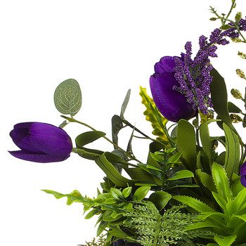 Purple Silk Tulip Flower and Mixed Greenery in Clear Glass Vase with Faux Water