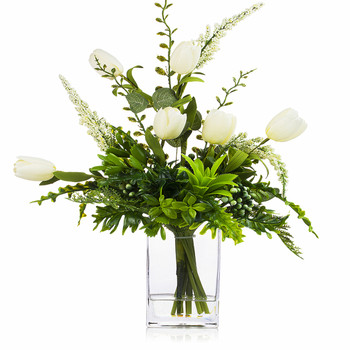 Silk Tulip Flower and Mixed Greenery in Clear Glass Vase with Faux Water