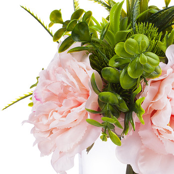 3 Large Pink Silk Peony Flower with Mixed Eucalyptus Greenery in Clear Glass Vase