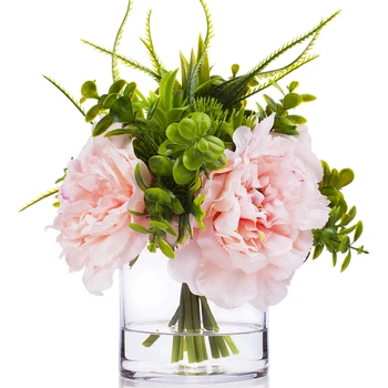 3 Large Pink Silk Peony Flower with Mixed Eucalyptus Greenery in Clear Glass Vase