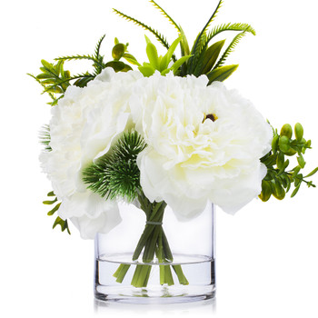 3 Large Cream Silk Peony Flower with Mixed Eucalyptus Greenery in Clear Glass Vase