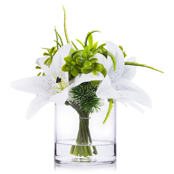 3 large  White Real Touch Tiger Lily with Mixed Greenery in Clear Glass Vase