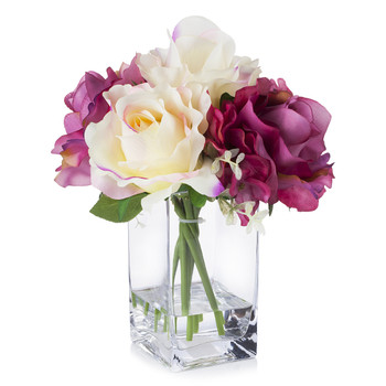 Purple Cream Silk Rose and Hydrangea Flower Arrangement in Glass Vase With Faux Water