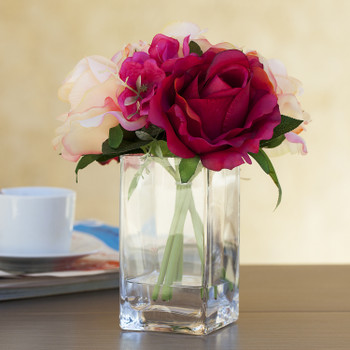 Red Beige Silk Rose and Hydrangea Flower Arrangement in Glass Vase With Faux Water
