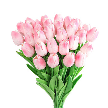 20 Pcs  Artificial PU Real Touch Tulips Flower Stems (Pink)