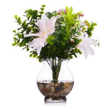 Artificial Pink Dahlia Flower and Greenery Grass  in Clear Glass Vase With Faux Water 