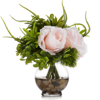  Artificial Pink Rose Flower and Mixed Eucalyptus Grass  in Clear Glass Vase With Faux Water 