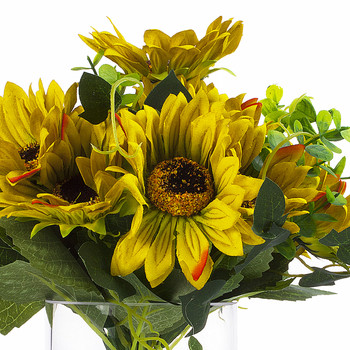 Artificial Yellow Green Sunflower Arrangement in Clear Glass Vase With Faux Water 