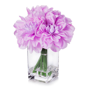 Purple Silk Dahlia  Arrangement in Clear Glass Vase With Faux Water