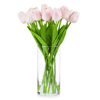  Artificial Real Touch Tulips Flower Arrangement in Clear Glass Vase With Faux Water(Pink)