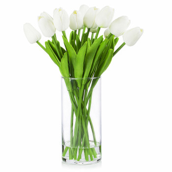  Artificial Real Touch Tulips Flower Arrangement in Clear Glass Vase With Faux Water(White)