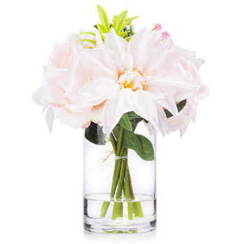 Mixed Silk Rose and Dahlia  Flower Arrangement in Clear Glass Vase With Faux Water(Blush)