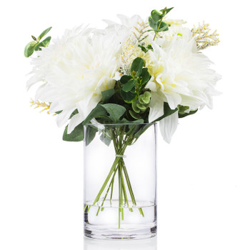 Mixed Artificial Dahlia Flower and Eucalyptus Grass Arrangement in Clear Glass Vase With Faux Water(Cream)