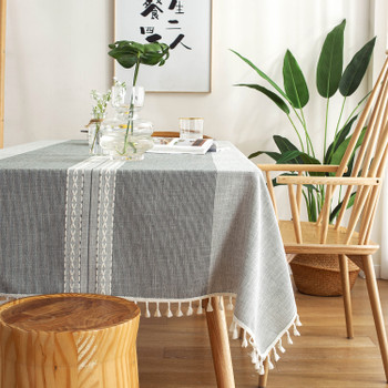  Light Grey High Quality Rectangle Cotton and Linen Tablecloth with Tassels