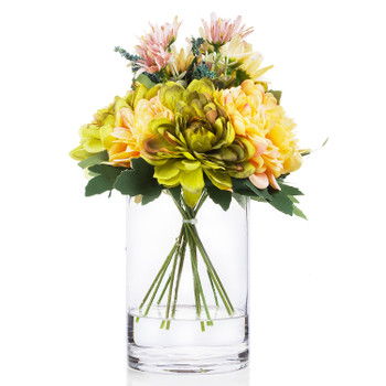 Mixed Artificial  Daisy Flower  Arrangement in Clear Glass Vase With Faux Water(Yellow Green)