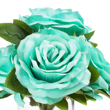 5 Large Head Velvet Rose Flower  Arrangement in Clear Glass Vase With Faux Water(Aqua)