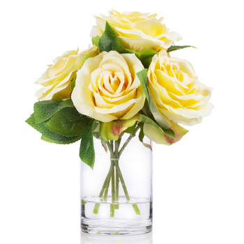  5 Large Head Velvet Rose Flower  Arrangement in Clear Glass Vase With Faux Water(Peach)