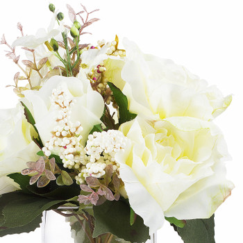 Mixed Artificial Silk Rose Flower  Arrangement in Clear Glass Vase With Faux Water(Cream)