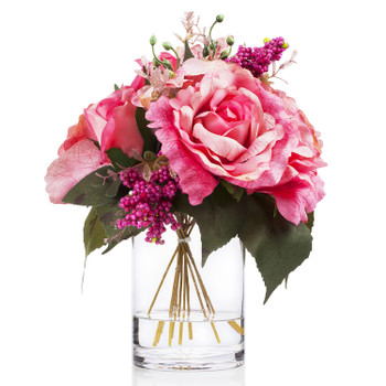  Mixed Artificial Silk Rose Flower  Arrangement in Clear Glass Vase With Faux Water(Fuchsia Pink)