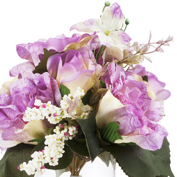 Mixed Artificial Silk Rose Flower  Arrangement in Clear Glass Vase With Faux Water(Purple)