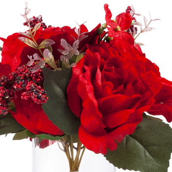 Mixed Artificial Silk Rose Flower  Arrangement in Clear Glass Vase With Faux Water(Red)