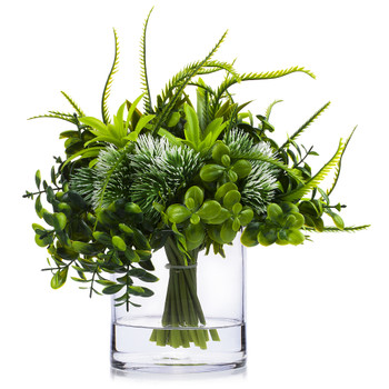 Mixed Artificial Boxwood Grass Arrangement  in Clear Glass Vase(White)