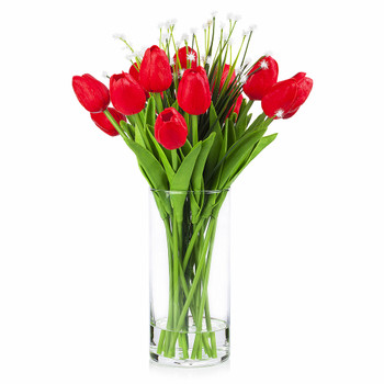 Artificial Real Touch Tulips Flower and Star Grass in Clear Glass Vase With Faux Water(Red)