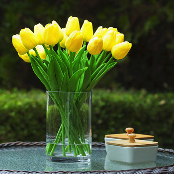  20 Pieces Artificial Real Touch Tulips Flower Arrangement in  Glass Vase With Faux Water(Yellow)