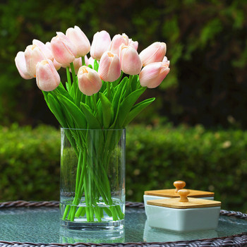 20 Pieces Artificial Real Touch Tulips Flower Arrangement in  Glass Vase With Faux Water(Pink)