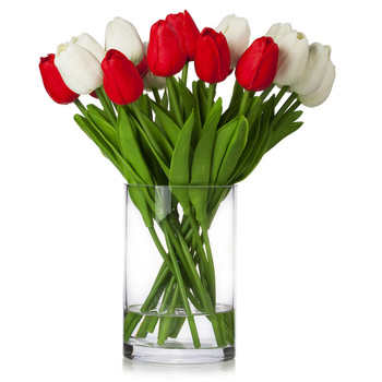20 Pieces Artificial Real Touch Tulips Flower Arrangement in  Glass Vase With Faux Water(White Red)