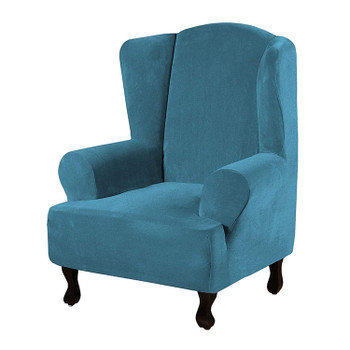 Super Stretch Velvet Slip Resistant Stylish Wingback Chair Slipcover  with Elastic Bottom(Peacock Blue)