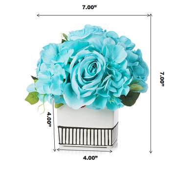 Mixed Silk Hydrangea and Rose Flower Arrangement in White Ceramic Pot(Aqua)