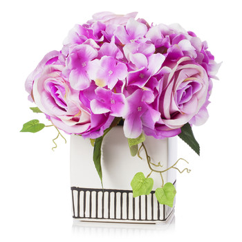 Mixed Silk Hydrangea and Rose Flower Arrangement in White Ceramic Pot(Purple)