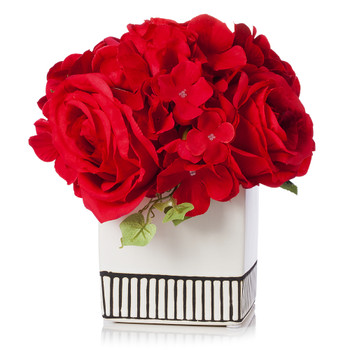 Mixed Silk Hydrangea and Rose Flower Arrangement in White Ceramic Pot(Red)