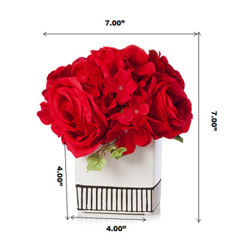 Mixed Silk Hydrangea and Rose Flower Arrangement in White Ceramic Pot(Red)