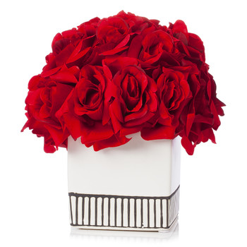 18 Heads Silk Rose Flower Arrangement in White Ceramic Pot(Red)