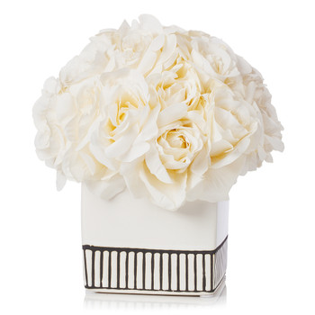 18 Heads Silk Rose Flower Arrangement in White Ceramic Pot(Cream)