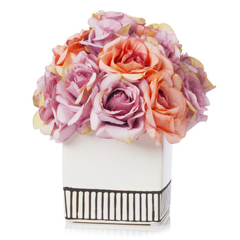 18 Heads Silk Rose Flower Arrangement in White Ceramic Pot(Purple Beige)