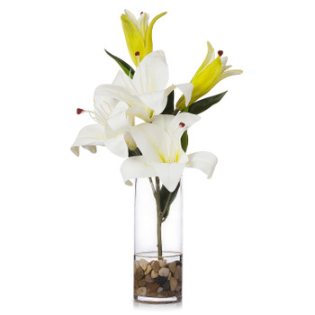 3 Large Heads Artificial Real Touch Lilies Flower Arrangement in  Glass Vase With Faux Water and River Rock(Cream)